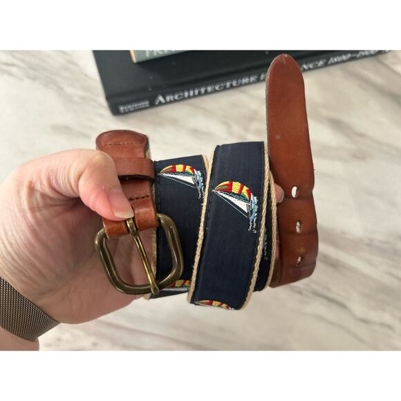 Leather Man Ltd Navy Made in Connecticut Sailboat & Brown Leather Belt (42) - Picture 1 of 7